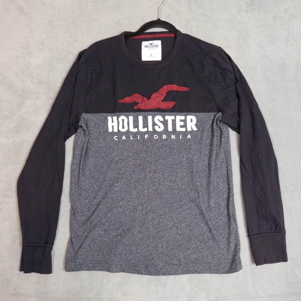 Hollister Long Sleeve Tee Mens M Black Grey Colorblock Graphic Logo